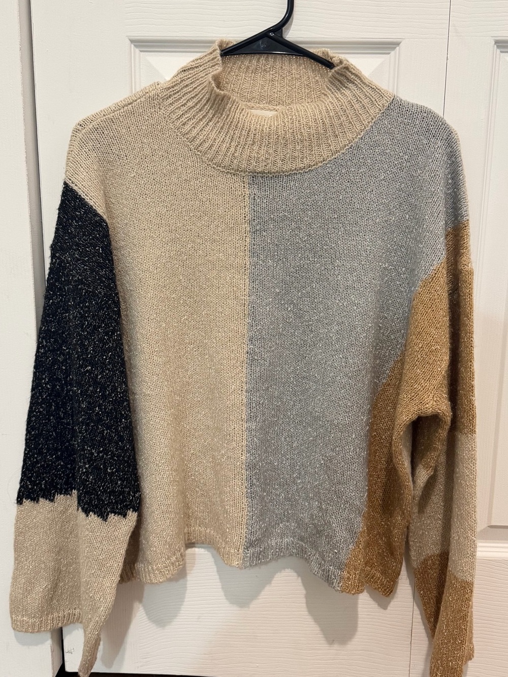 Blu Pepper Colorblock Cowl Neck Sweater in Cream, Gray, Black & Tan